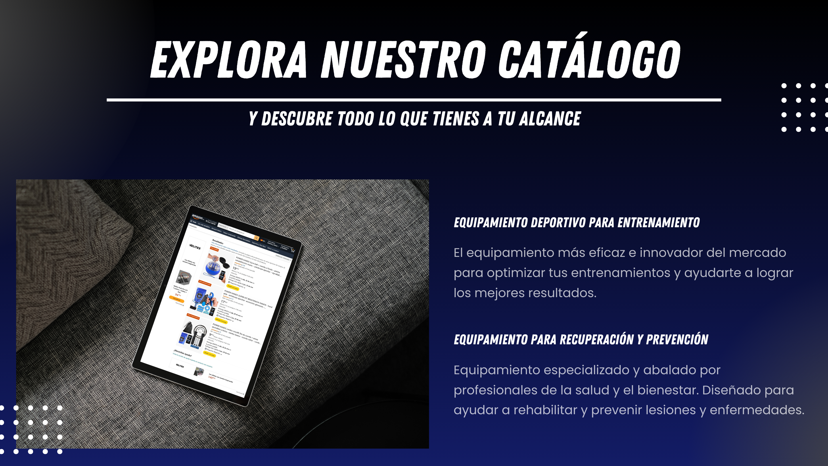“Power Hands – Catálogo de equipamiento deportivo y de rehabilitación para entrenamiento, recuperación y prevención. Imagen de tablet mostrando productos como Gyro Ball, Power Ball y Hand Grip en Amazon, orientados a mejorar fuerza, movilidad, coordinación y rendimiento deportivo, así como prevenir lesiones en manos, muñecas y brazos.”