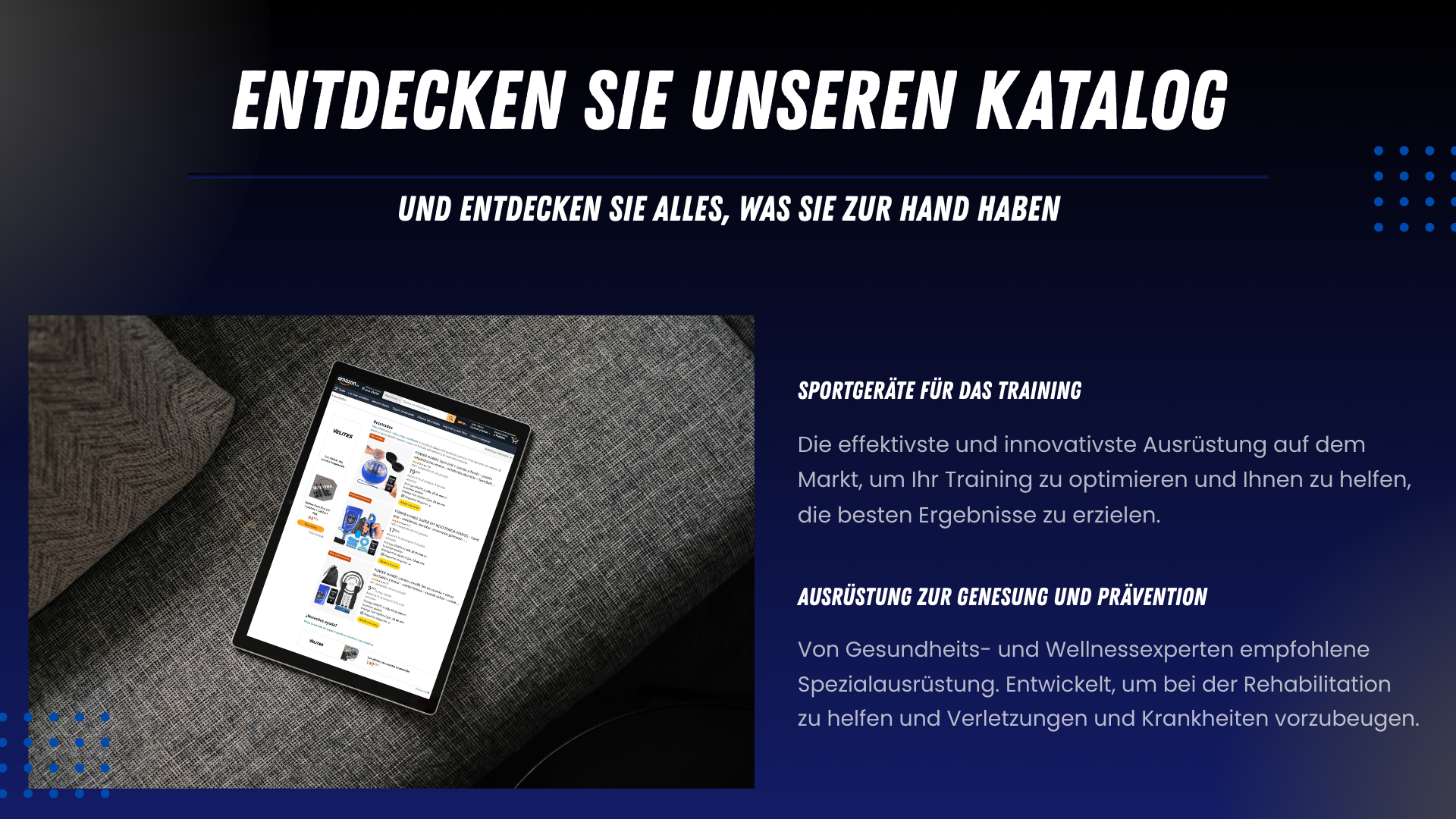 “Power Hands – Katalog für Sport- und Rehabilitationsausrüstung für Training, Erholung und Prävention. Abbildung eines Tablets mit Produkten wie Gyro Ball, Power Ball und Hand Grip auf Amazon, zur Verbesserung von Kraft, Mobilität, Koordination und sportlicher Leistung sowie zur Vorbeugung von Verletzungen an Händen, Handgelenken und Armen.”