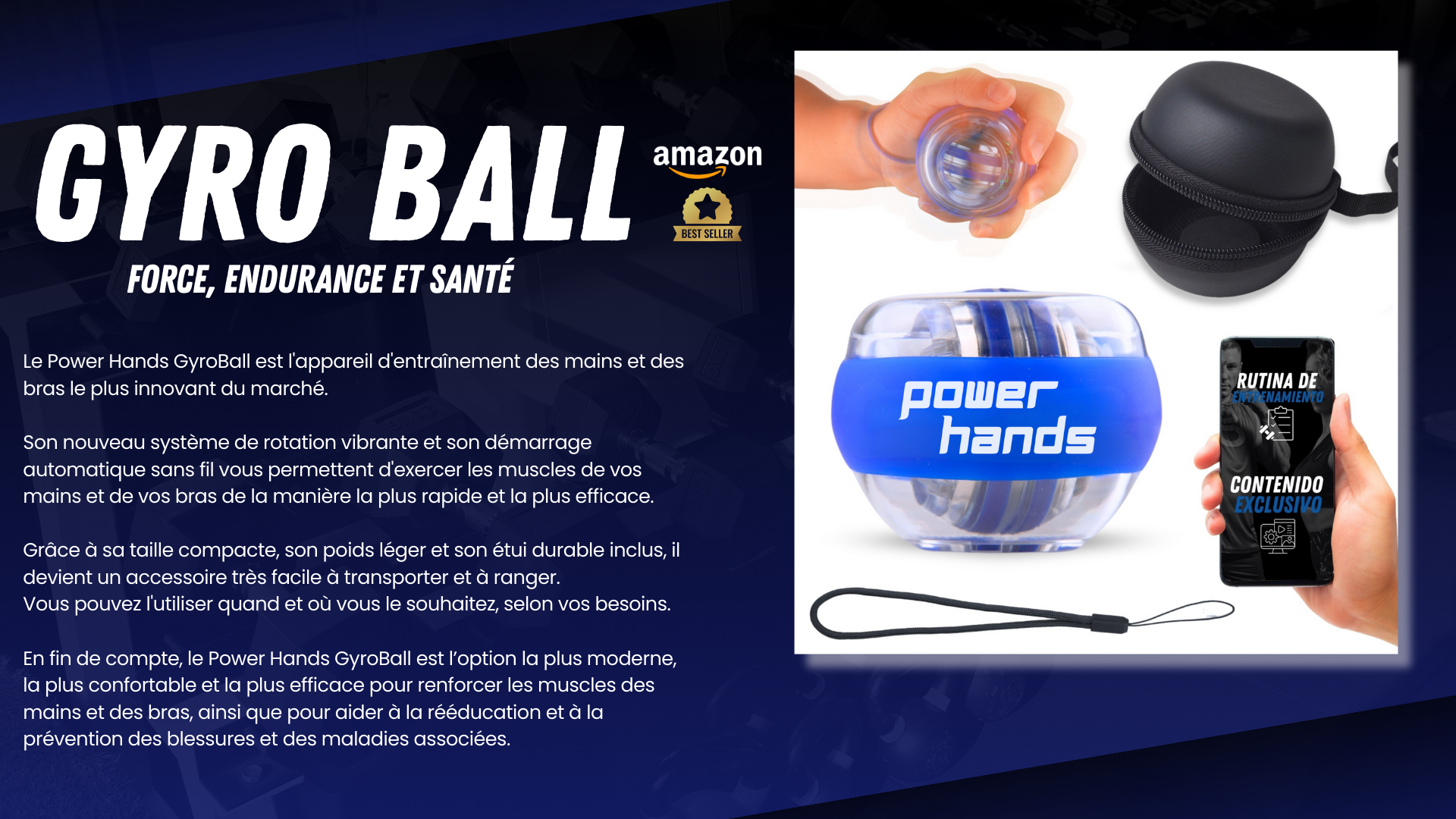 “Power Hands – Gyro Ball et Power Ball pour la rééducation de la main, du poignet et de l’avant-bras, renforcement musculaire, amélioration de la force, de la résistance et de la coordination. Image du dispositif avec étui, dragonne et contenu exclusif, idéal pour l’entraînement fonctionnel et la prévention des blessures.”