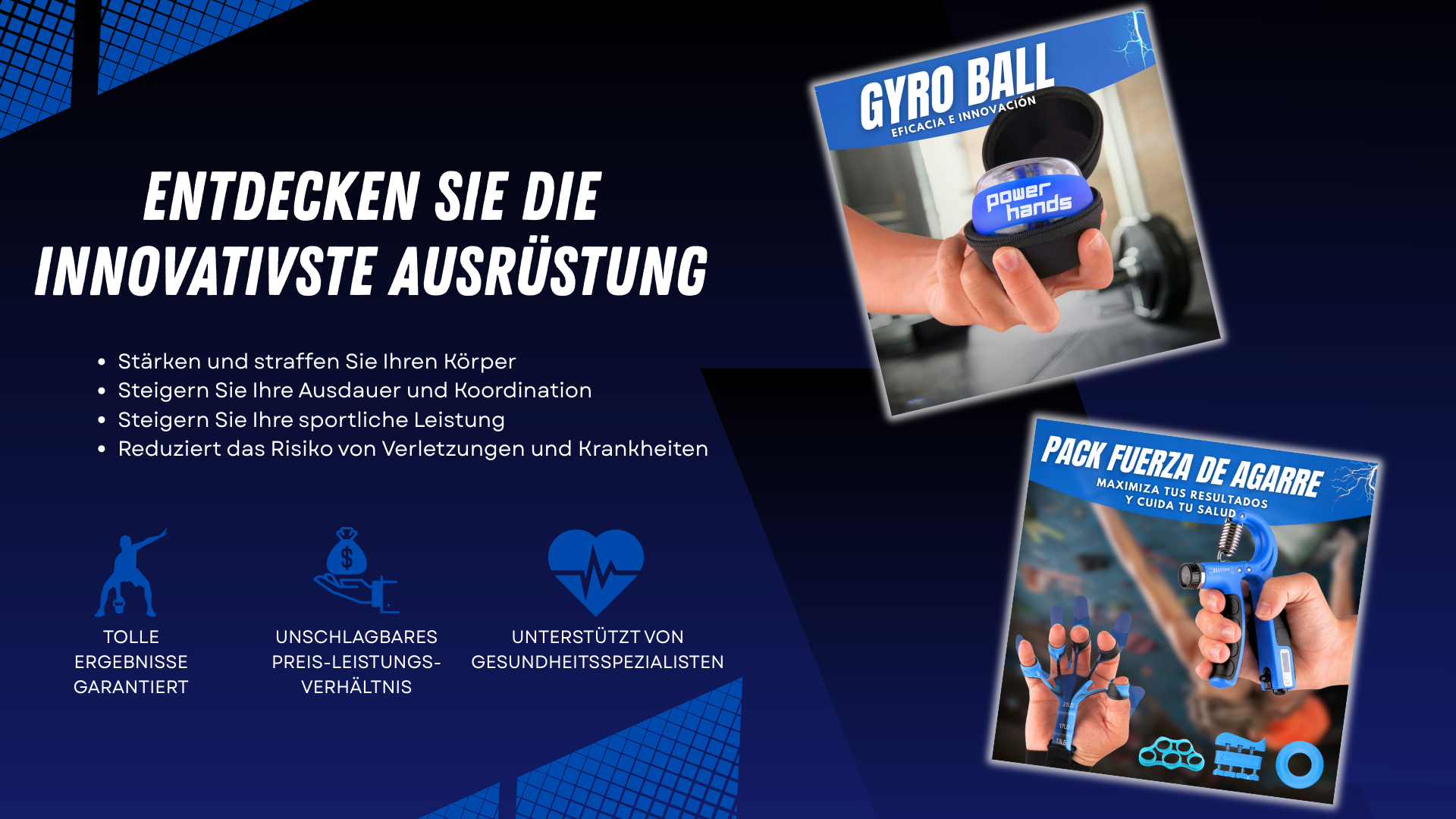 “Power Hands – Entdecke die innovativste Ausrüstung für Rehabilitation von Hand, Handgelenk und Unterarm, Griffkrafttraining und sportliche Leistungssteigerung. Abbildung der Gyro Ball und des Griffkraft-Sets mit Vorteilen wie Körperstärkung, besserer Koordination, Verletzungsprävention und garantierten Ergebnissen, empfohlen von Gesundheitsexperten.”