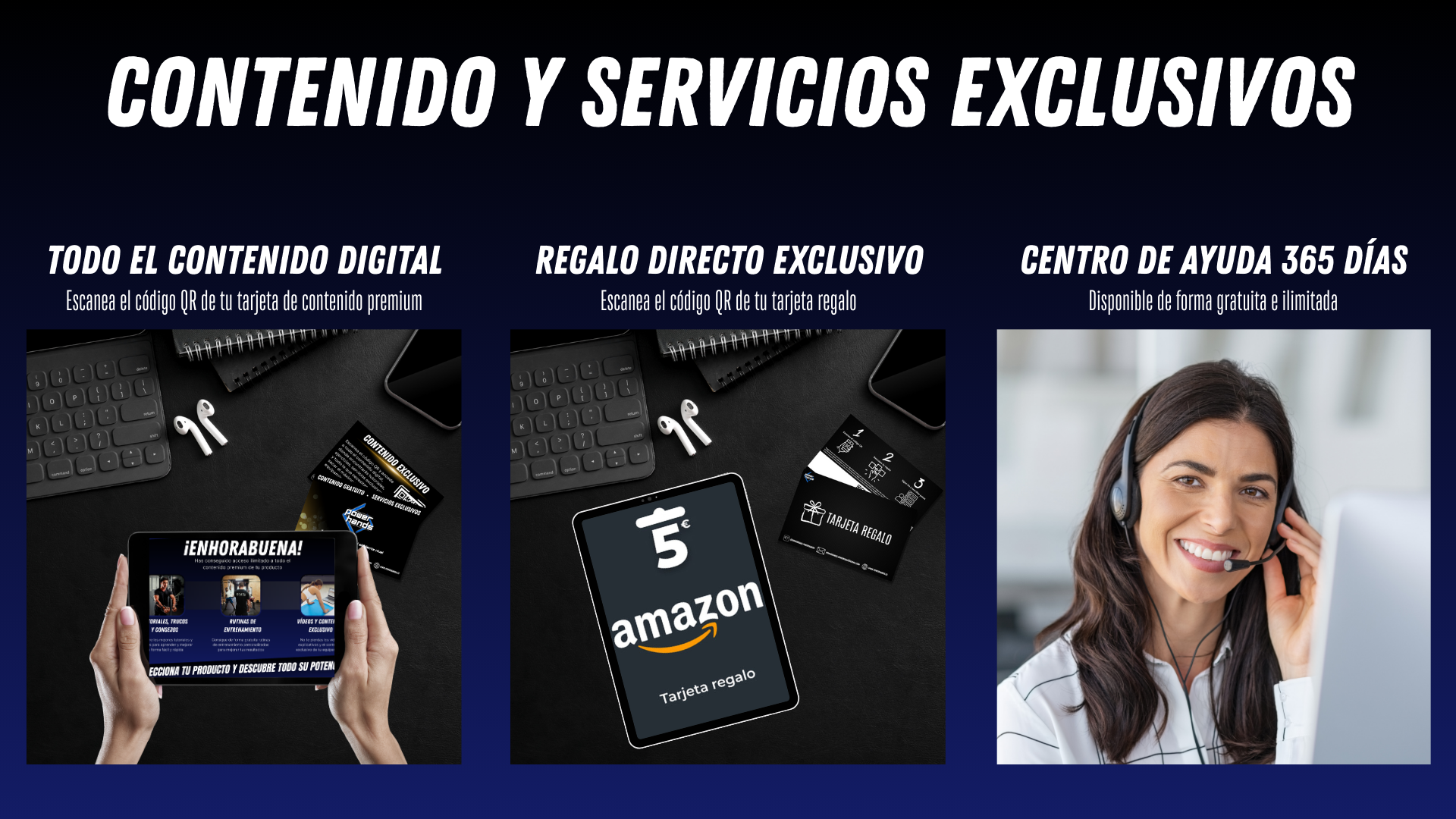 “Power Hands – Contenido digital exclusivo, servicios premium, regalo directo mediante código QR y centro de ayuda 365 días. Imagen de tarjetas digitales, acceso a contenido premium, tarjeta regalo Amazon de 5€, atención al cliente personalizada y soporte continuo para usuarios de rehabilitación y rendimiento deportivo.”