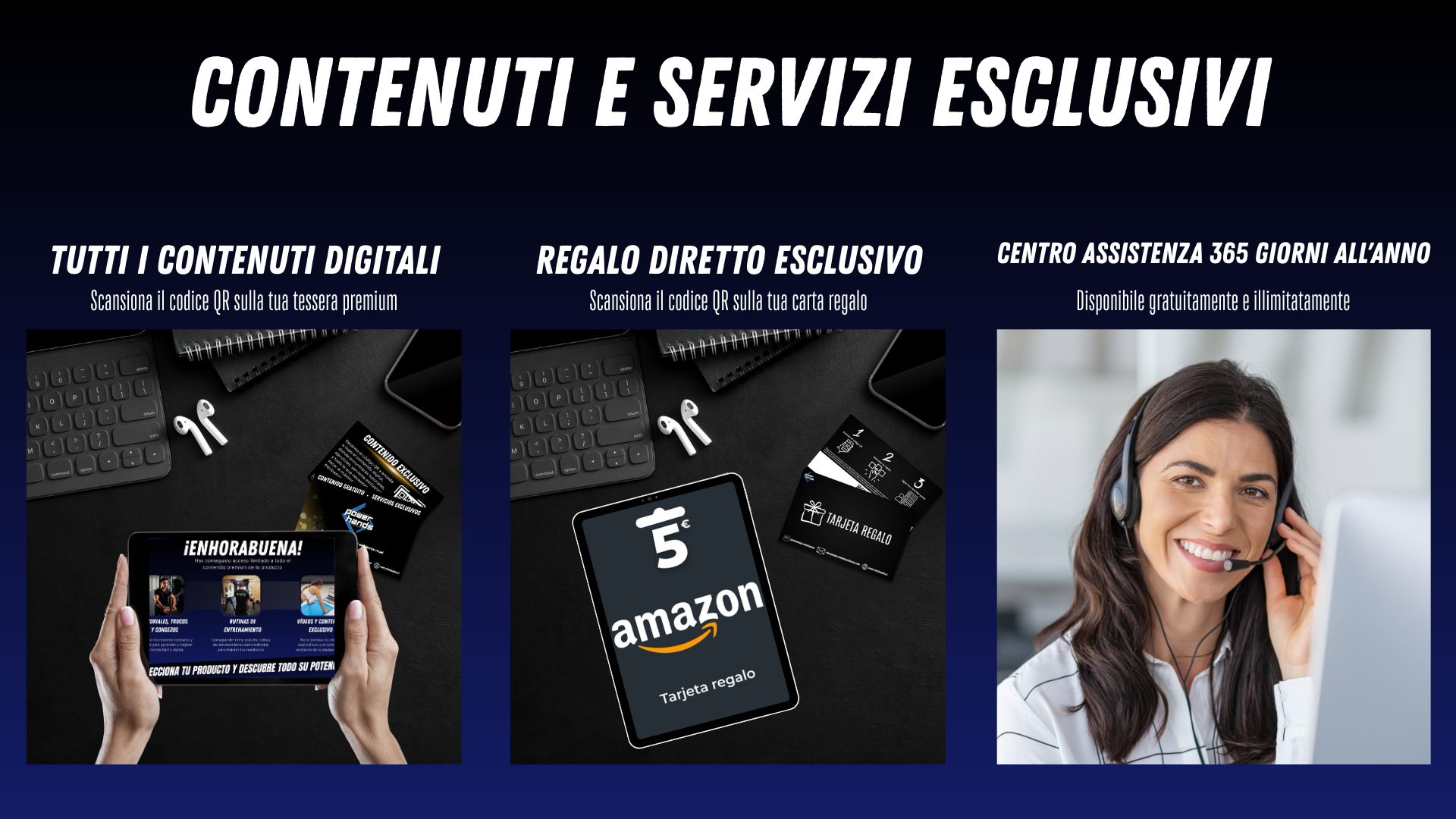 “Power Hands – Contenuti digitali esclusivi, servizi premium, regalo diretto tramite QR code e centro assistenza attivo 365 giorni l’anno. Immagine con carte digitali, accesso ai contenuti premium, buono regalo Amazon da 5€, supporto personalizzato e assistenza continua per riabilitazione e performance sportiva.”