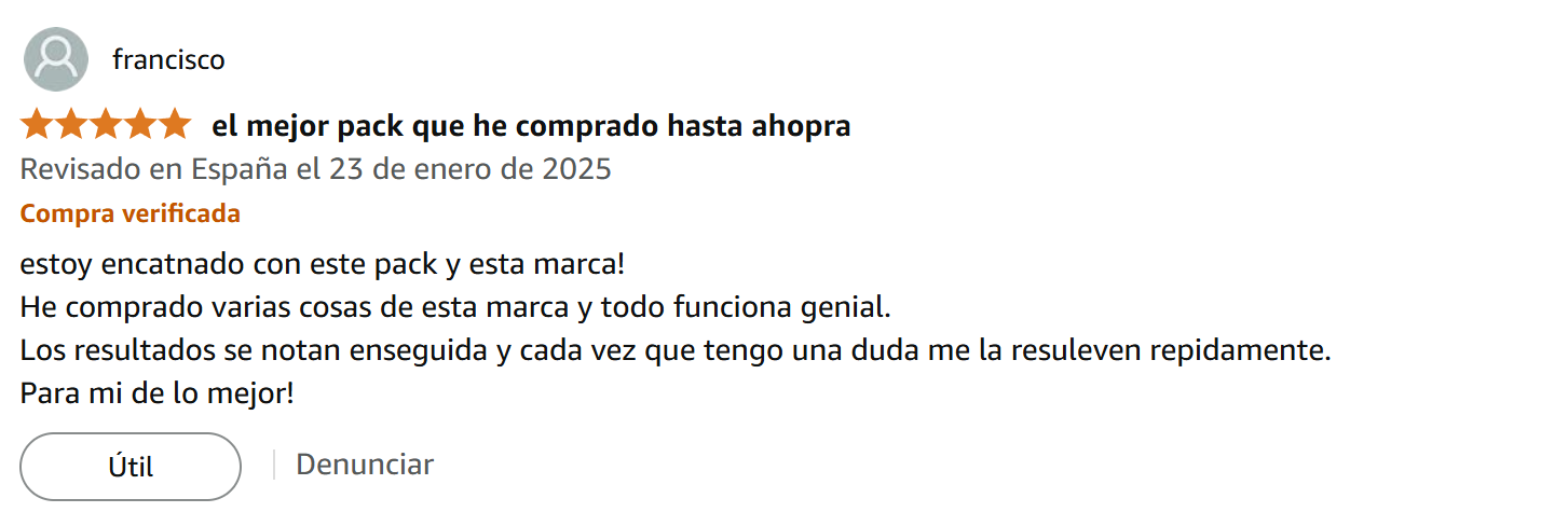 “Power Hands – Opiniones reales de clientes satisfechos. Imagen con reseñas verificadas de Amazon sobre la Gyro Ball y el Pack Fuerza de Agarre, destacando calidad, eficacia, mejora en la fuerza de dedos y satisfacción general. Valoraciones auténticas que reflejan resultados positivos en rehabilitación y rendimiento deportivo.”