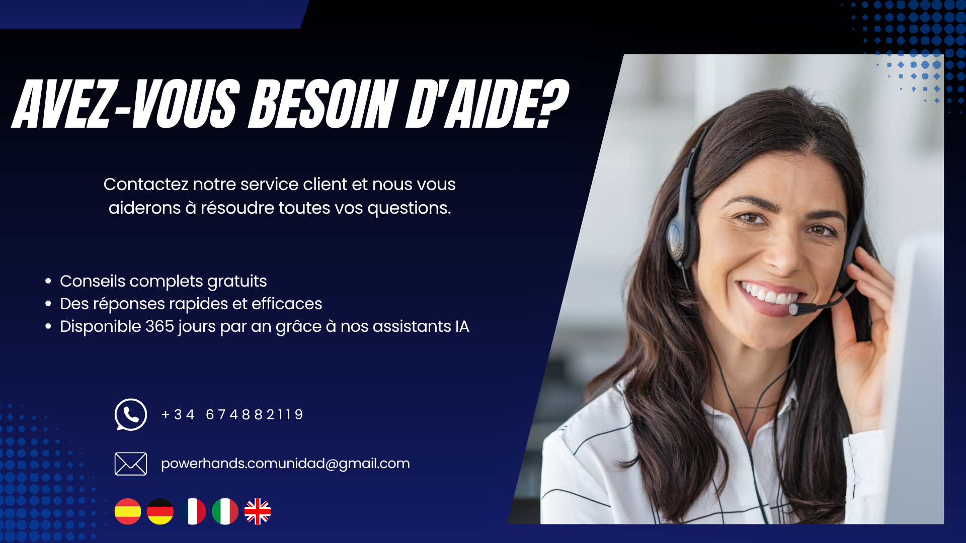 “Power Hands – Service client de proximité avec assistance gratuite, réponses rapides et disponibilité 365 jours grâce aux assistants IA. Image d’une conseillère professionnelle, contact par WhatsApp, e-mail et support multilingue en espagnol, allemand, français, italien et anglais.”