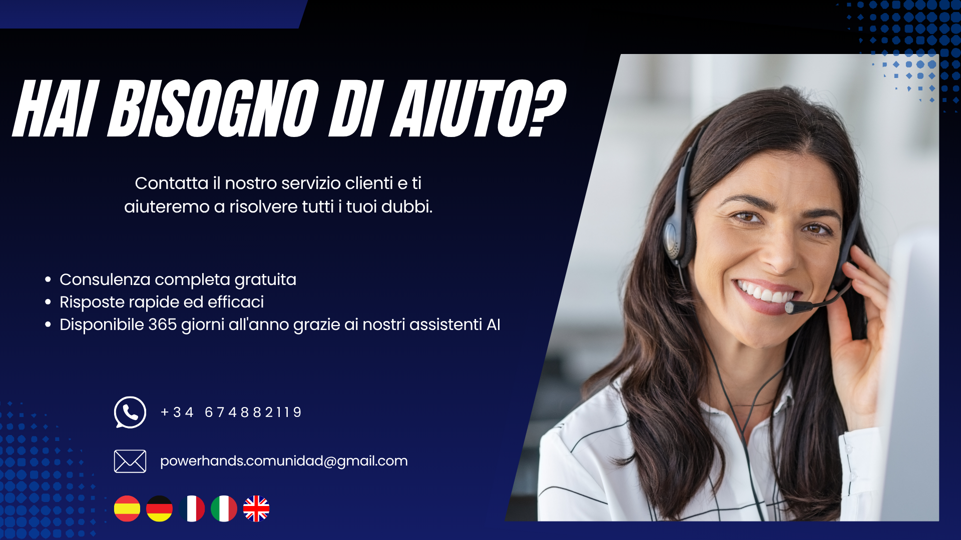 “Power Hands – Assistenza clienti con supporto vicino, consulenza gratuita, risposte rapide e disponibilità 365 giorni grazie agli assistenti IA. Immagine di un’operatrice professionale, contatto tramite WhatsApp, e-mail e servizio multilingue in spagnolo, tedesco, francese, italiano e inglese.”