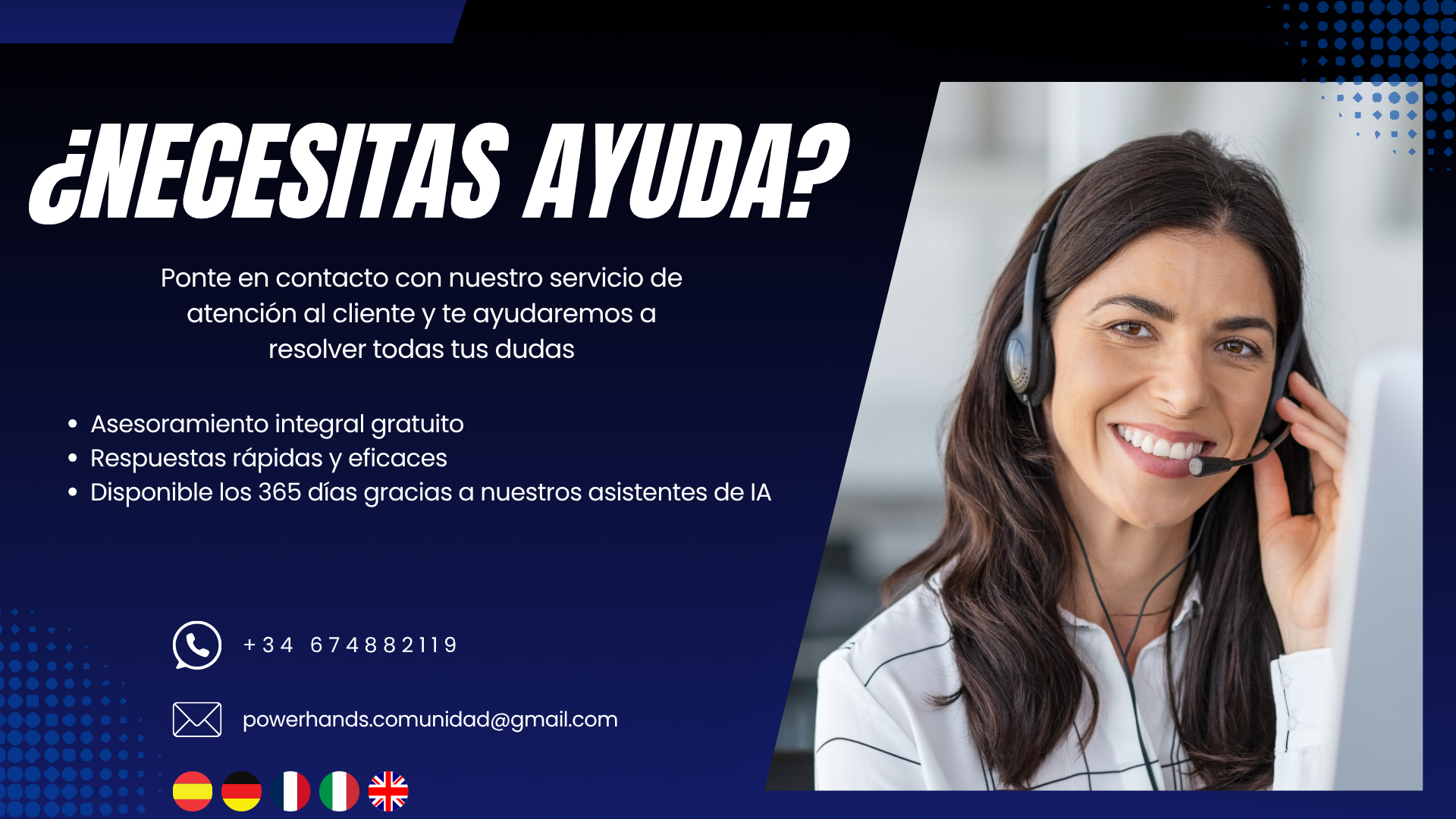 “Power Hands – Servicio de atención al cliente cercano con asesoramiento gratuito, respuestas rápidas y disponibilidad 365 días gracias a asistentes de IA. Imagen de agente profesional de soporte, contacto por WhatsApp, correo electrónico y atención multilingüe en español, alemán, francés, italiano e inglés.”