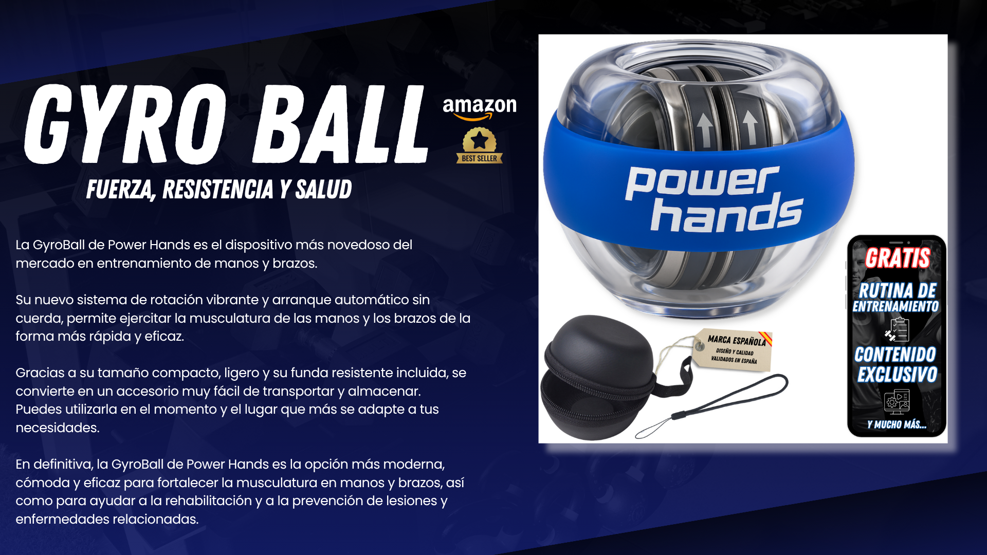 “Power Hands – Gyro Ball y Power Ball para rehabilitación de mano, muñeca y antebrazo, fortalecimiento de brazos, mejora de fuerza, resistencia y coordinación. Imagen del dispositivo con funda, correa y contenido exclusivo, ideal para entrenamiento funcional, recuperación y prevención de lesiones.”