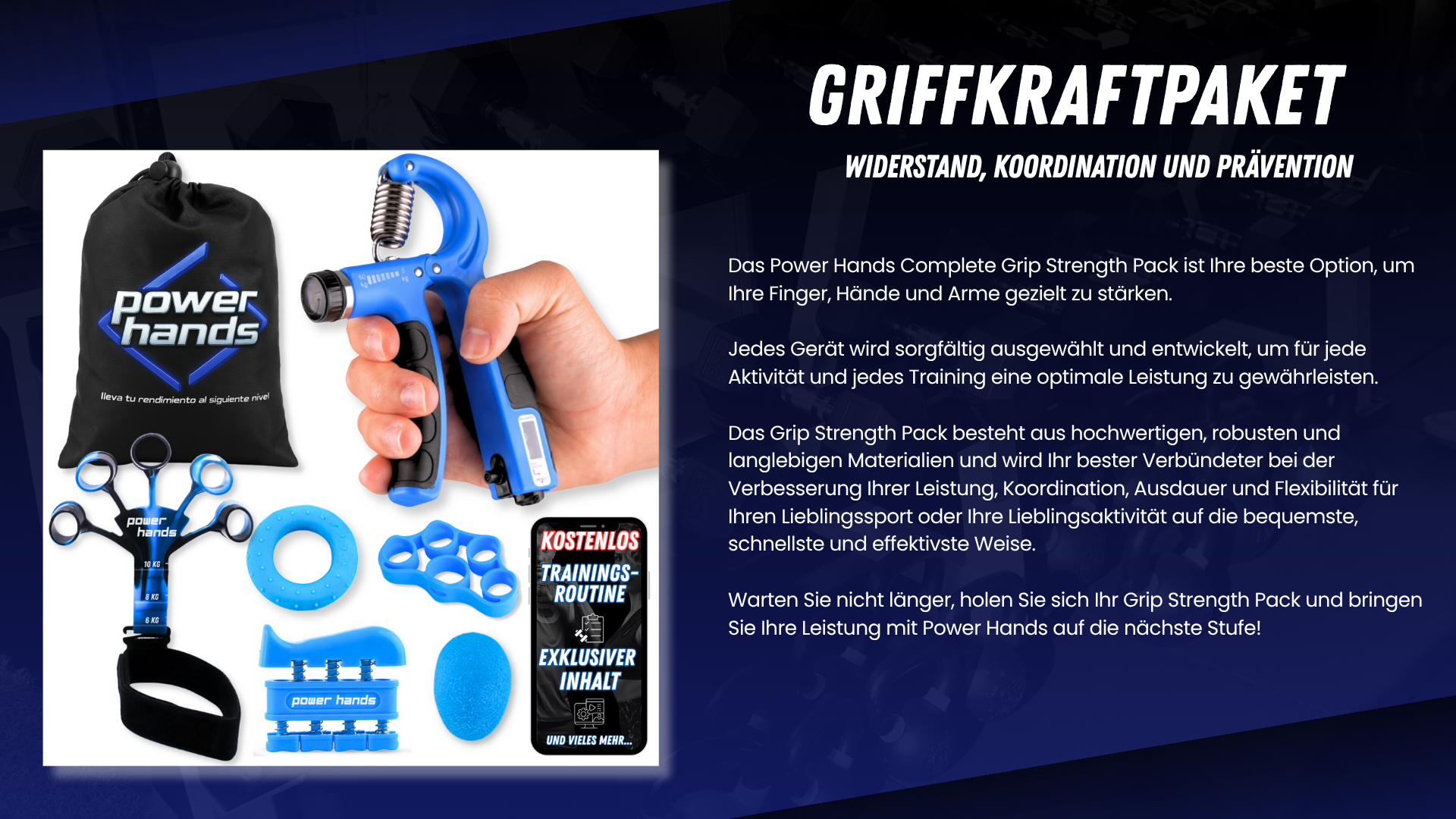 “Power Hands – Griffkraft-Paket mit Hand Grip und komplettem Zubehör zur Stärkung von Fingern, Händen und Armen, Verbesserung von Mobilität, Koordination, Ausdauer und Verletzungsprävention. Abbildung des vollständigen Sets mit Tasche, Expandern, Ringen, Trainingsgeräten und exklusiven Inhalten.”