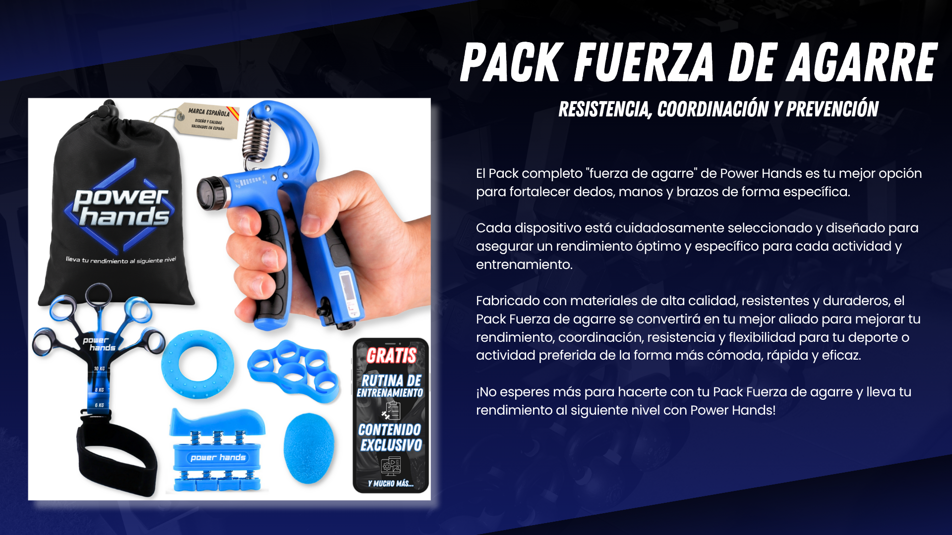 “Power Hands – Pack Fuerza de Agarre con Hand Grip y accesorios completos para fortalecer dedos, manos y brazos, mejorar movilidad, coordinación, resistencia y prevención de lesiones. Imagen del set completo con bolsa, extensores, anillos, ejercitadores y contenido exclusivo para entrenamiento funcional.”